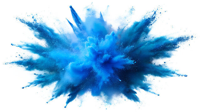 A striking blue explosion, showcasing vibrant colors and dynamic motion, isolated on a transparent or white background.