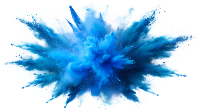 A striking blue explosion, showcasing vibrant colors and dynamic motion, isolated on a transparent or white background.