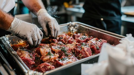 A chef prepares fresh meat with herbs and spices in a bustling kitchen, showcasing culinary artistry and attention to detail.