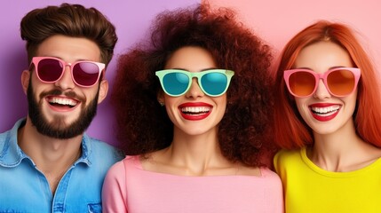 Obraz premium Three cheerful friends showcase their bright personalities, all wearing stylish sunglasses and colorful outfits, enjoying a joyful moment together in a lively setting