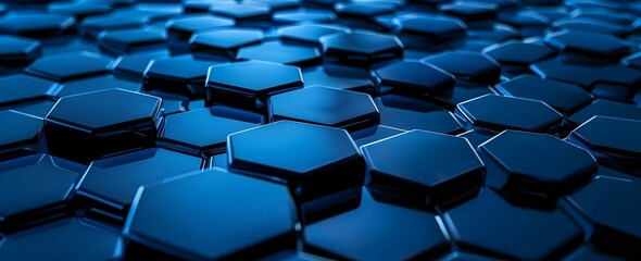 Fototapeta premium Blue background with dark blue hexagons in a seamless pattern, creating an abstract and futuristic design