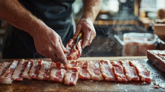 A chef skillfully prepares fresh bacon slices in a rustic kitchen, showcasing culinary expertise and passion for cooking.