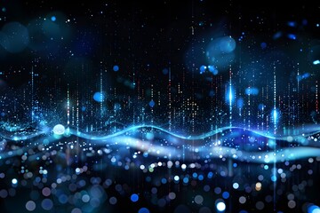 Blue digital particles and sound waves on a black background, a technology concept banner with a copy space area