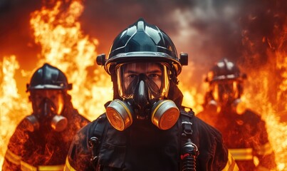 Obraz premium Portrait of firemen in uniform with breathing masks standing against fire
