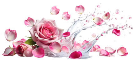 A beautiful pink rose surrounded by splashes of water and delicate petals, isolated on a transparent or white background.