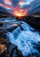 Waterfall in Iceland at Sunset