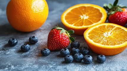 A close-up of fresh blueberries, strawberries, and oranges on a gray surface.