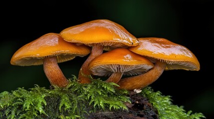 Fototapeta premium A cluster of vibrant golden mushrooms emerges from a mossy log, glistening with moisture in a rich green forest, illuminated by soft morning light