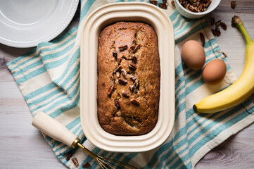 Banana Bread on a Blue and White Striped Kitchen Towel