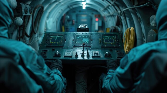Two crew members, dressed in blue diving suits, focus intently on the controls inside a deep-sea vessel cockpit, illuminated by soft lighting from above