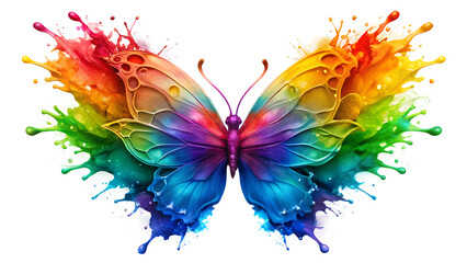 A vibrant butterfly illustration with colorful paint splashes, symbolizing transformation and beauty in nature. Isolated on transparent or white background.
