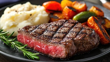 A delicious plate featuring grilled steak, creamy mashed potato, and colorful roasted vegetables, perfect for a gourmet meal.