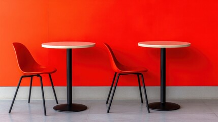 Obraz premium Three stylish tables paired with vibrant red chairs are arranged against a striking red wall, creating a lively and inviting atmosphere in a modern cafГ© setting