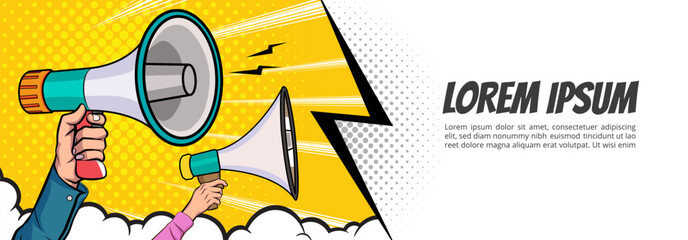 Hand holds megaphone bullhorn in retro pop art comic style  Loudspeaker Business banner © comicstocks