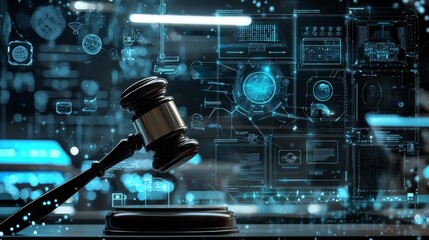 A gavel in mid-swing, suspended in front of a digital courtroom interface, with AI icons and legal symbols floating around. The futuristic backdrop shows a seamless merge of AI with justice