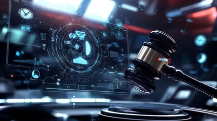 Fototapeta premium A gavel in mid-swing, suspended in front of a digital courtroom interface, with AI icons and legal symbols floating around. The futuristic backdrop shows a seamless merge of AI with justice