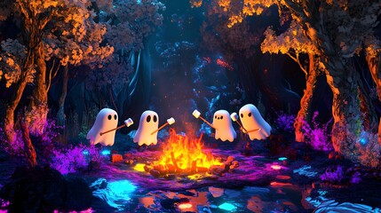 A vibrant 3D-rendered campfire scene with cute ghosts holding marshmallows on sticks surrounded by glowing trees