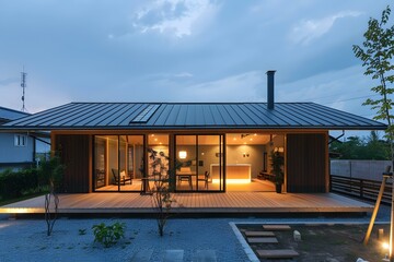 Obraz premium Modern Japanese Style House with Wooden Deck and Skylight