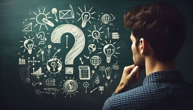 Back view of thoughtful young european male with chalk drawn question marks on blackboard background. Solution, education and knowledge concept.