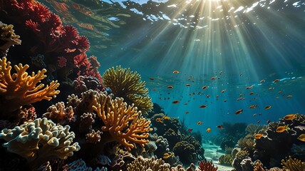 Obraz premium a coral reef with the sun shining through the water.