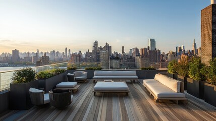 Fototapeta premium A modern rooftop terrace with scenic city skyline views, featuring stylish furniture and lush greenery at sunset.