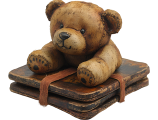 a stuffed bear on top of a stack of books.