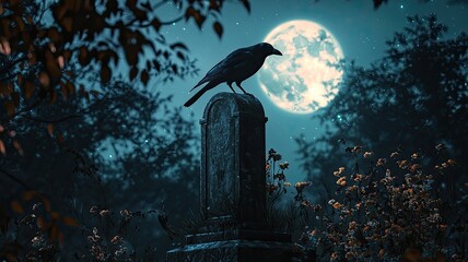 A mysterious raven perched on a tombstone under a large, glowing moon, creating a haunting atmosphere in the night landscape.