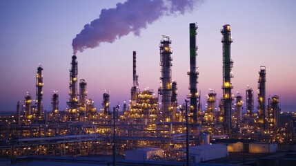 Obraz premium A modern oil refinery at dusk, with towering structures illuminated by the glow of green hydrogen production units, steam rising into the sky.