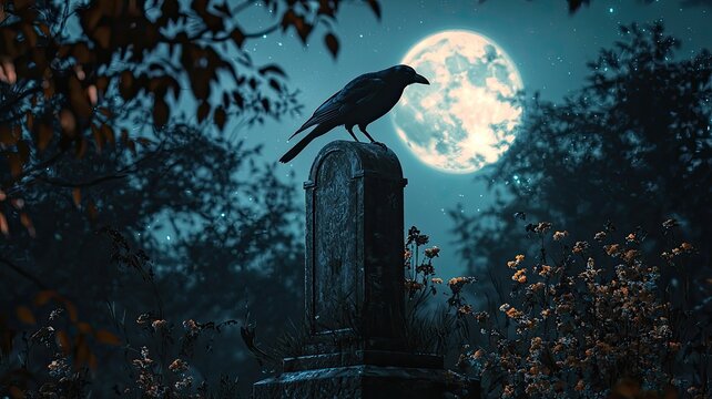 A mysterious raven perched on a tombstone under a large, glowing moon, creating a haunting atmosphere in the night landscape.