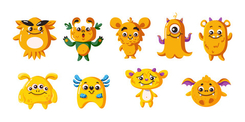 Playful yellow monsters group flat color vector characters set. Funny childish beasts. Imaginary friends illustration pack on white background