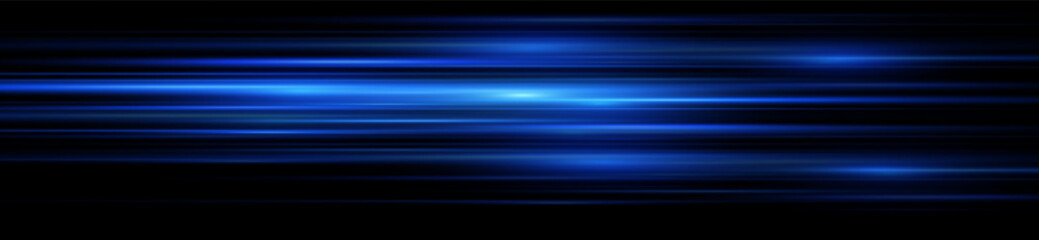 Moving fast blue laser light beams isolated on black background. Abstract light effect. Green lens flare. Horizontal rays glowing in the dark. Vector