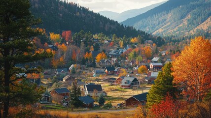 A picturesque autumn village nestled in the mountains, showcasing vibrant fall foliage and charming homes amid scenic landscapes.
