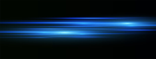 Moving fast blue laser light beams isolated on black background. Abstract light effect. Green lens flare. Horizontal rays glowing in the dark. Vector