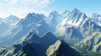 Fototapeta premium A breathtaking view of snow-capped mountains in a valley, with rolling hills and a clear blue sky