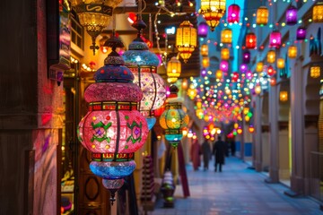 Obraz premium Festive lanterns and decorations dance across the streets, beneath the majestic skyline, filling the air with a sense