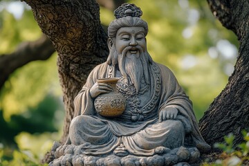 Obraz premium Chinese Deity Statue in Garden Setting