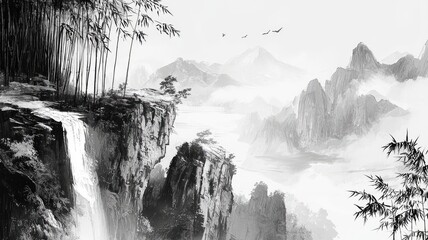 A serene black and white landscape featuring a waterfall, mountains, and bamboo, evoking tranquility and natural beauty.