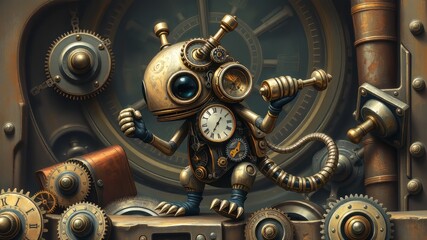 Gears whirring, brass pipes echoing, intricate clockwork mechanisms hum as a Victorian-era inspired metal behemoth