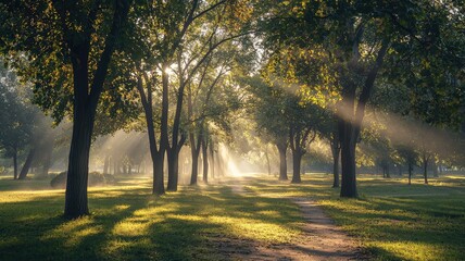 A serene forest path illuminated by sunlight filtering through lush trees, creating a peaceful and inviting atmosphere.