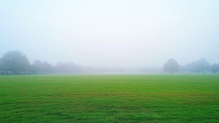Fototapeta premium A serene foggy landscape with lush green grass and distant trees, creating a tranquil atmosphere perfect for peaceful reflections.
