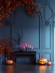 Mysterious dark Halloween interior. Apartment with scary creepy elements. Mystic halloween decoration in the room.