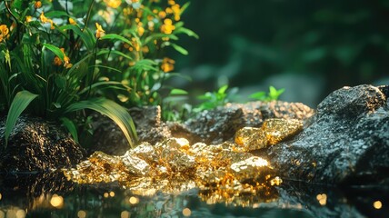 A serene landscape featuring a gentle stream with golden rocks, surrounded by vibrant flowers and lush green foliage.