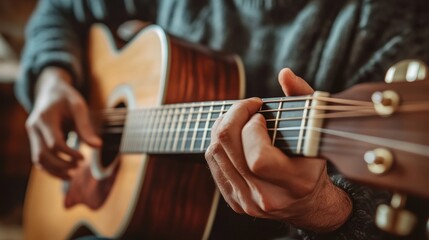 Fototapeta premium A close-up of hands gently strumming a guitar, conveying a sense of healing and peace,