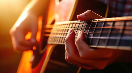 Obraz premium A close-up of hands gently strumming a guitar, conveying a sense of healing and peace,