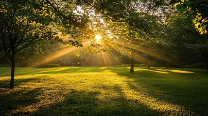 Obraz premium A serene landscape featuring lush grass and trees illuminated by golden sunlight, creating a tranquil and peaceful atmosphere.