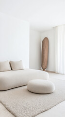 Minimalist living room with soft textures and neutral colors in a bright, modern home setting