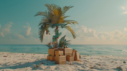 Obraz premium Tropical christmas scene palm tree adorned with decorations and gift boxes on a beautiful beach