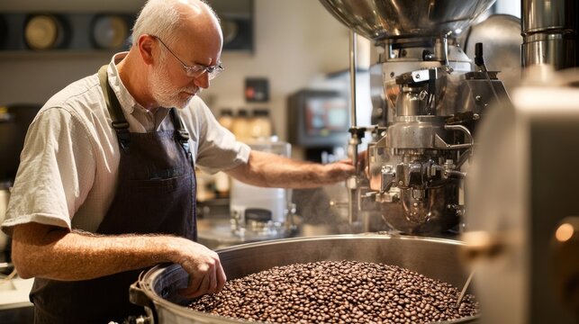 A coffee roaster closely monitoring the roasting process, with beans tumbling in a large, transparent drum