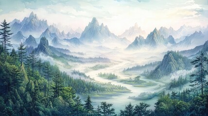 Fototapeta premium A serene landscape featuring misty mountains and lush forests, capturing the tranquility of nature's beauty.