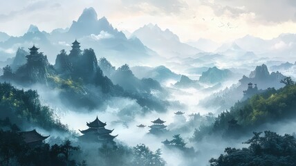 Fototapeta premium A serene landscape featuring misty mountains and traditional architecture, evoking tranquility and nature's beauty.
